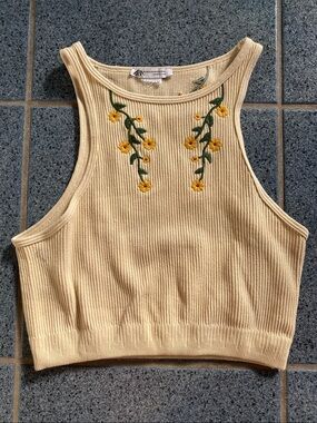 ZARA Crop Top ribbed racerback yellow / yellow flower embroidery / XS - S